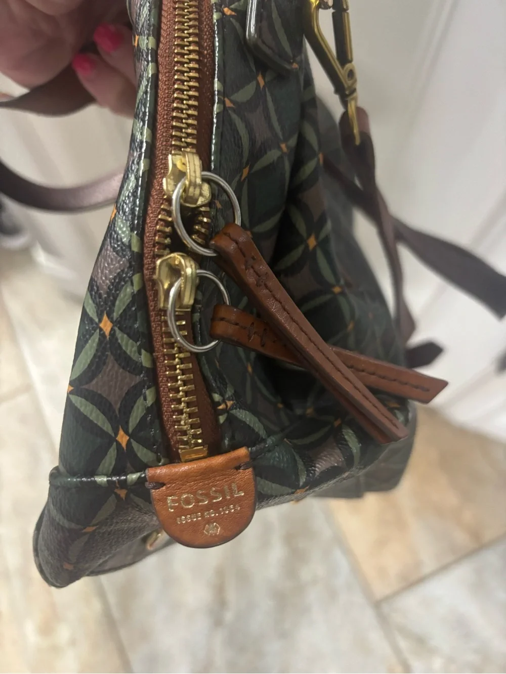 Fossil Green Geometric Dome Satchel with Brown Leather Trim - Picture 5 of 9